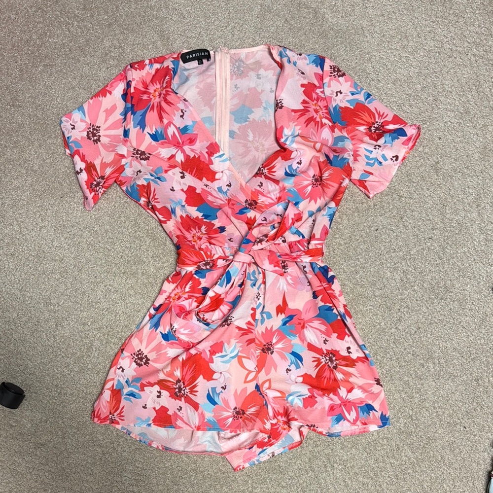 Floral Wrap Romper in Pink and Red